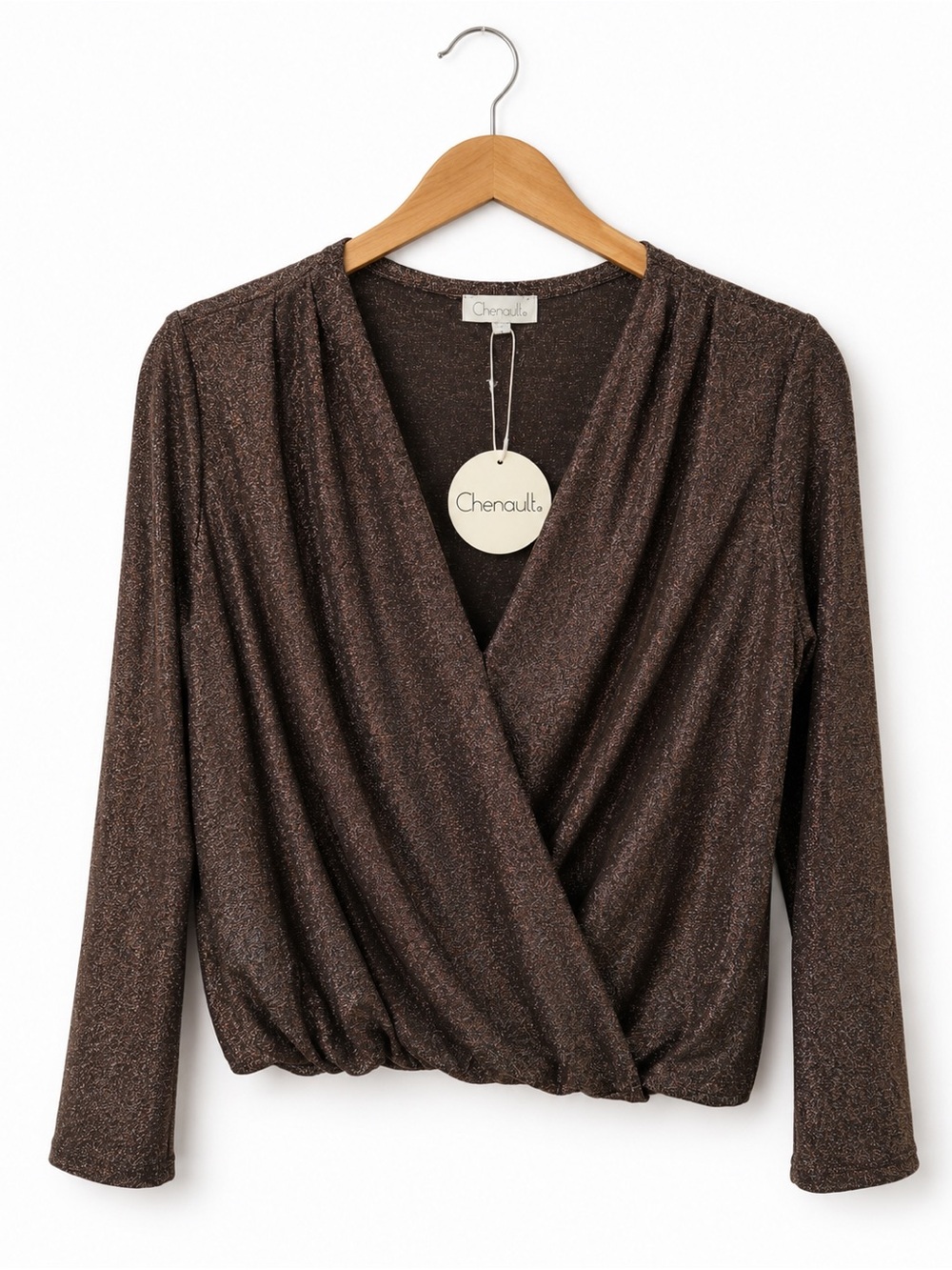 Chenault Shimmery Brown Faux Wrap Blouse Small NWT Glam Cruise Attire Dressy